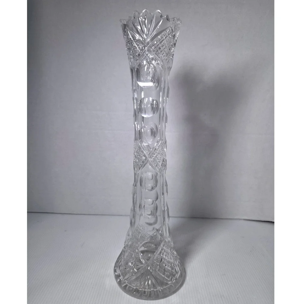Antique American Brilliant Cut Glass Trumpet Vase Hobstar Punty Sawtooth Rim